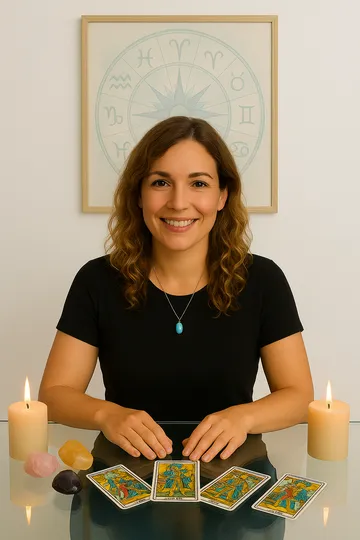 Rosabel, vidente natural, en consulta de tarot con velas, minerales y cartas sobre la mesa